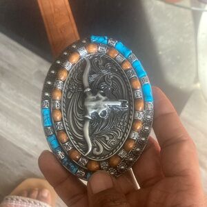 Silver Western Belt Buckle with Turquoise and Brown Accents